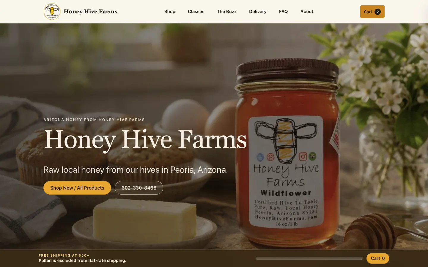 Screenshot of the Honey Hive Farms homepage featuring a jar of Arizona wildflower honey