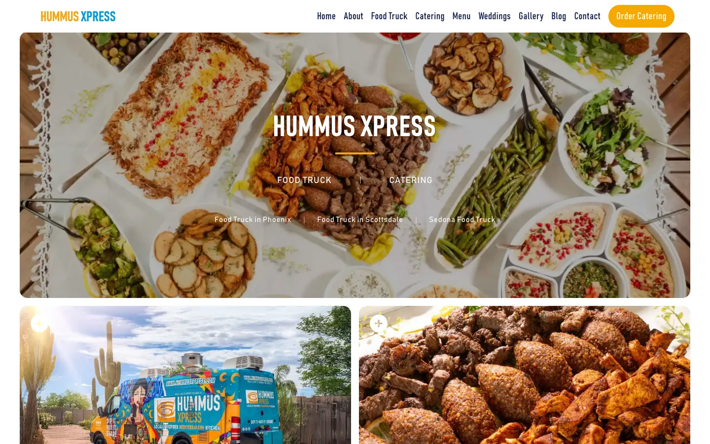 Screenshot of the Hummus Xpress homepage showing its Mediterranean food truck and catering services